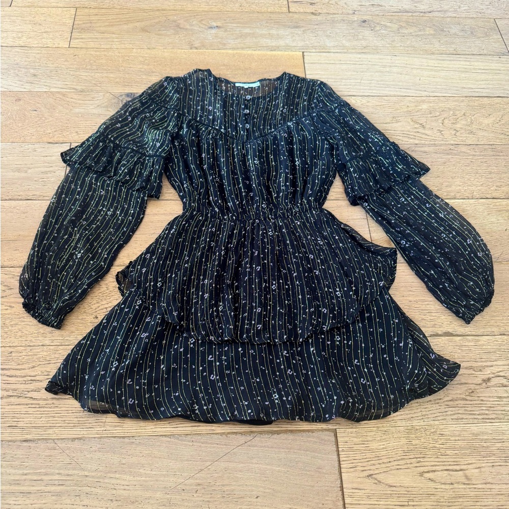 Tularosa Black Gold Metallic Pinstripe Tiered Ruffle Mini Dress XS Boho (598)